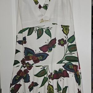 Desigual White Maxi Dress with Butterfly and Leaf Print